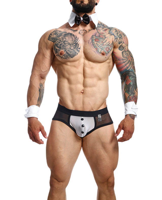 Male Basics MOB Maitre D Brief, Bow & French Cuffs Black/White- Men's Lingerie