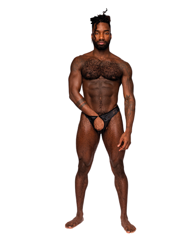 Sassy Lace Open Ring Thong Black- Men's Lingerie