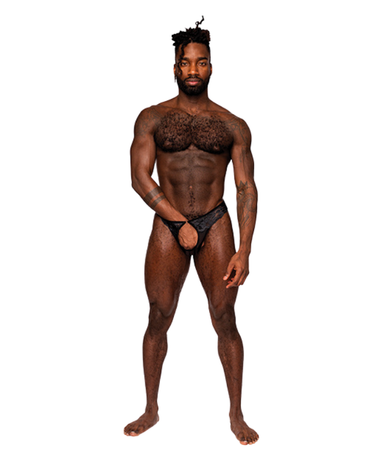 Sassy Lace Open Ring Thong Black- Men's Lingerie